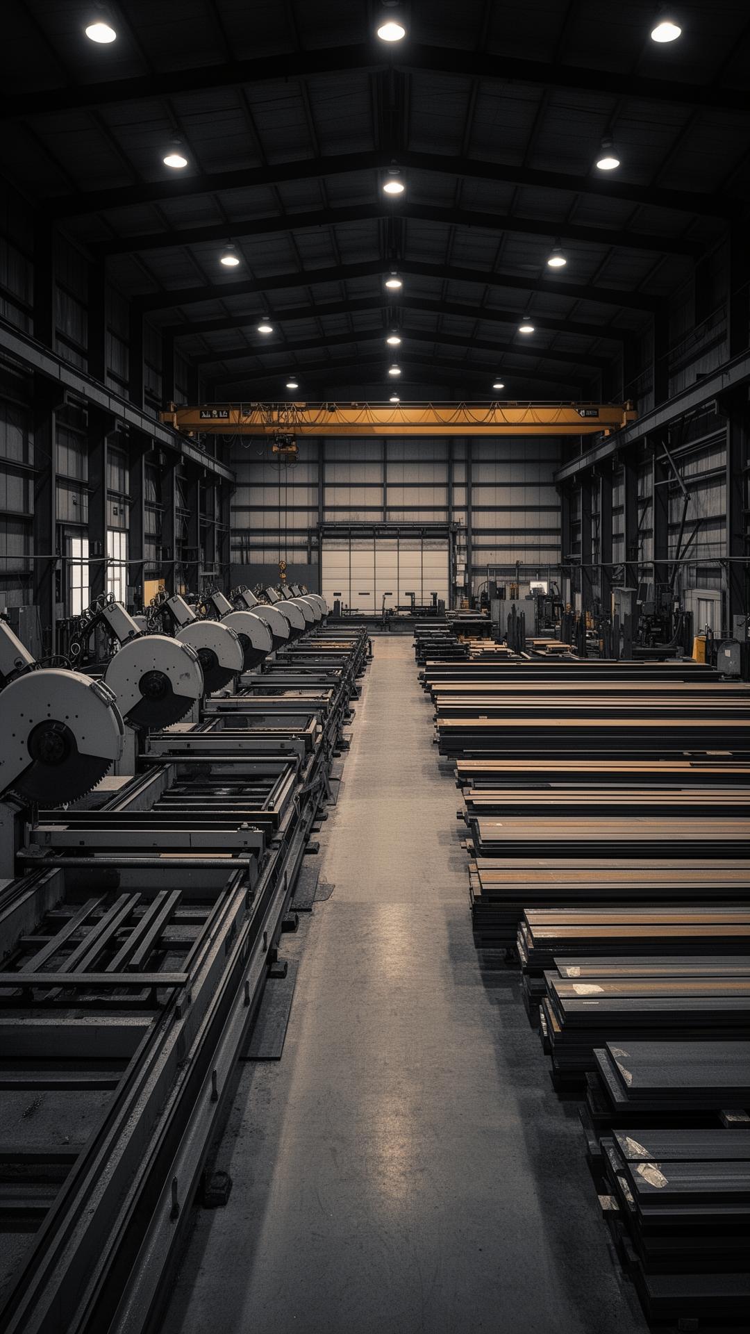 Interior of the Jett Cutting Bedford Park facility with rows of saws and overhead cranes