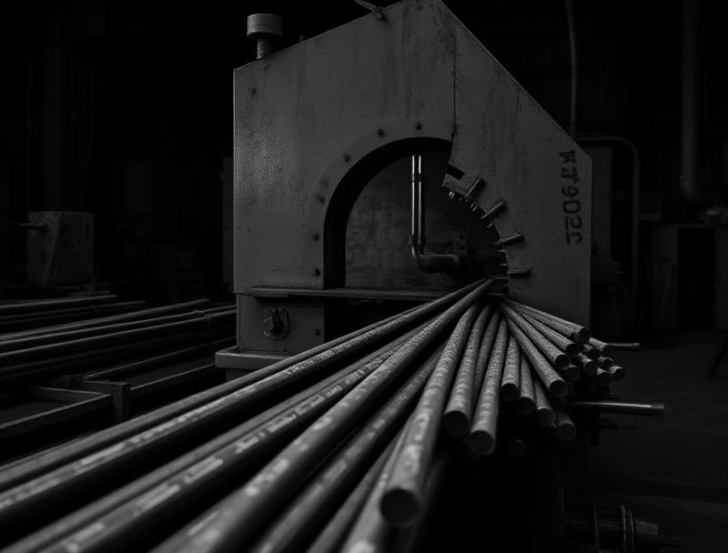 Industrial band saw cutting a bundle of steel bars